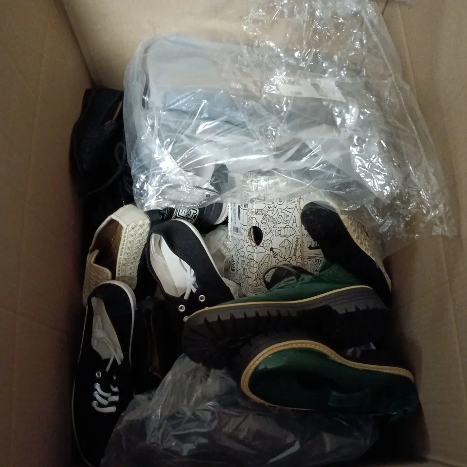BOX OF APPROXIMATELY 20 PAIRS OF SHOES IN VARIOUS STYLES , COLOURS AND SIZES