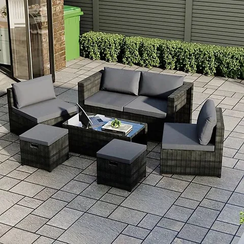 BOXED VIDA ISLAY 6 SEATER RATTAN SET - BLACK // CUSHIONS MISSING (1 BOX)