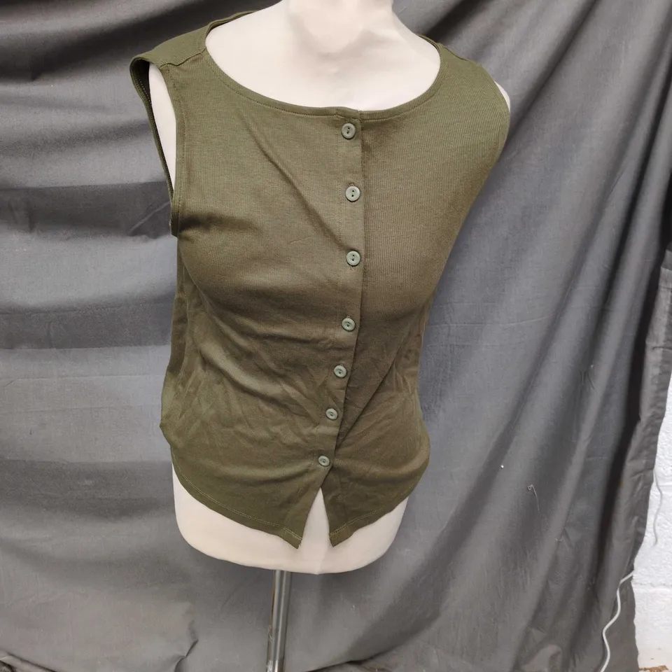 New Look Olive Green Sleeveless Button-Front Knit Top – UK 12 (EU 40, USA 8) 