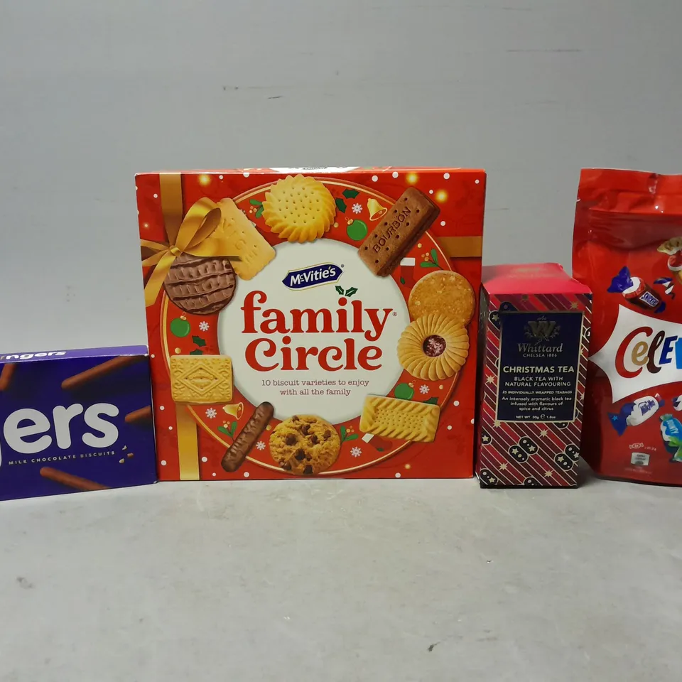 TOTE OF APPROXIMATELY 10 ASSORTED FOOD ITEMS TO INCLUDE - CELEBRATIONS , DAIRY MILK FINGERS , MCVITIES FAMILY CIRCLE ETC