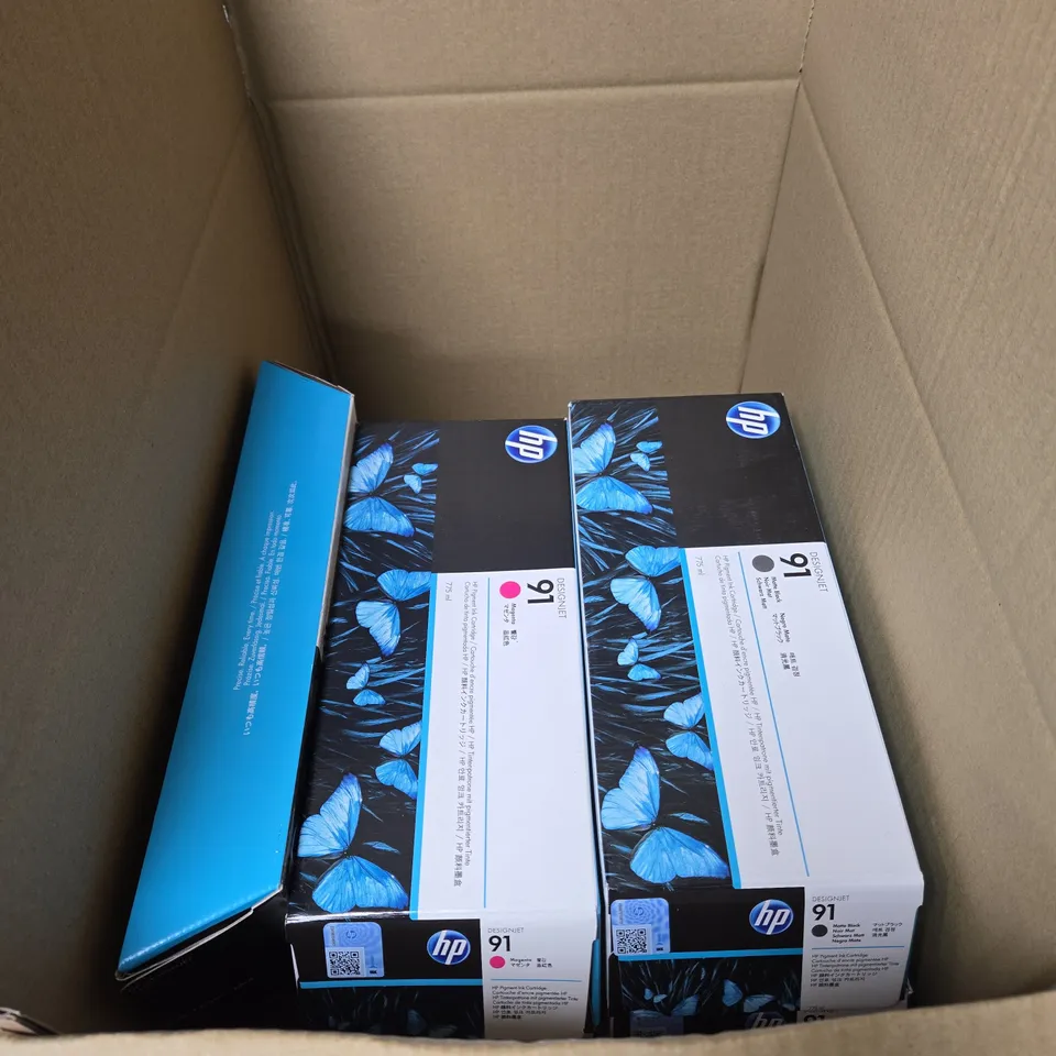 APPROXIMATELY 10 X ASSORTED HP DESIGNJET 91 PRINTER INK 775ML LIGHT MAGENTA, LIGHT CYAN, MATTE BLACK