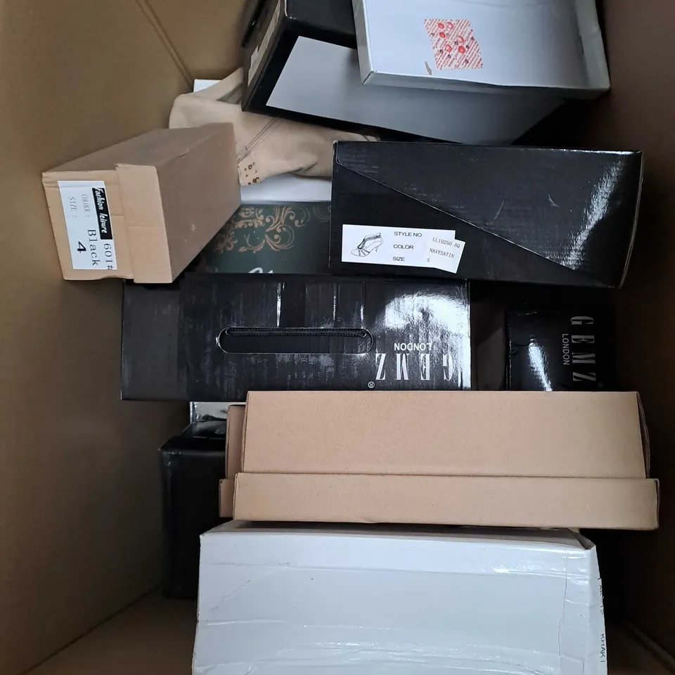 BOX OF APPROX 10 PAIRS OF ASSORTED SHOES IN VARIOUS COLOURS, STYLES AND SIZES