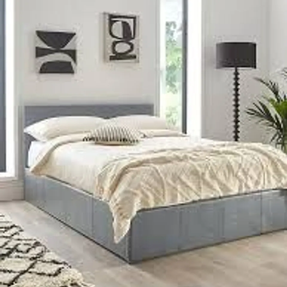 BOXED MARSTON FAUX LEATHER LIFT UP KING SIZED BED FRAME - GREY (2 BOXES)