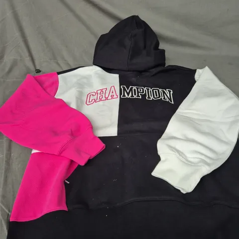 CHAMPION COLOUR-BLOCK HOODIE – BLACK WITH WHITE & PINK SLEEVES – UK SIZE L