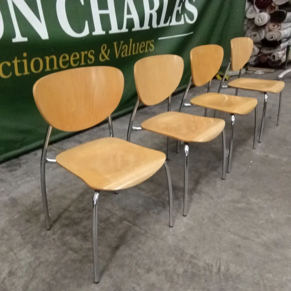 SET OF 4 STACKABLE WOOD DINING CHAIRS WITH METAL LEGS