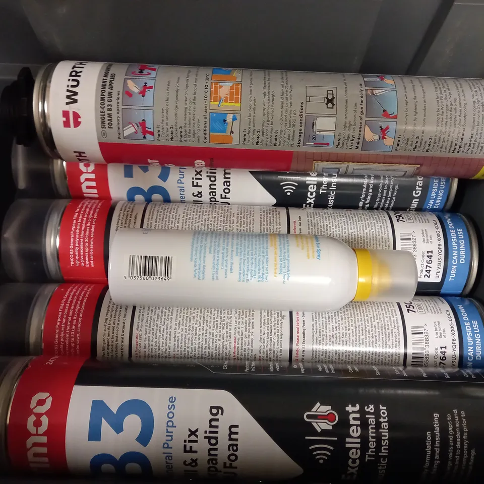 BOX OF APPROX 8 ASSORTED AEROSOLS INCLUDING TIMCO B3 FILL&FIX EXPANDING FOAM, WURTH SINGLE COMPONENT MOUNTING FOAM AND SOLERO SUN SPRAY - COLLECTION ONLY