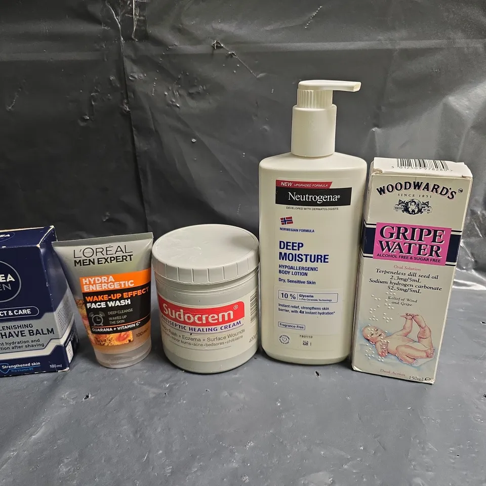 APPROXIMATEY 20 ASSORTED HEALTH AND BEAUTY PRODUCTS TO INCLUDE - SUDOCREM - NIVEA MEN POST SHAVE BALM AND WOODWARD'S GRIPE WATER