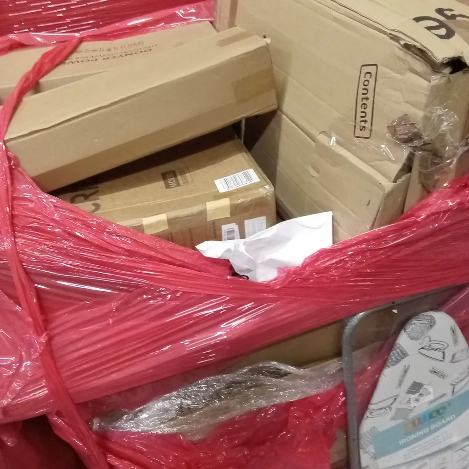 PALLET OF ASSORTED HOUSEHOLD GOODS AND PRODUCTS TO INCLUDE; CONVECTION HEATER, IRONING BOARD, BEDSIDE CRIB. BOXED FURNITURE ETC