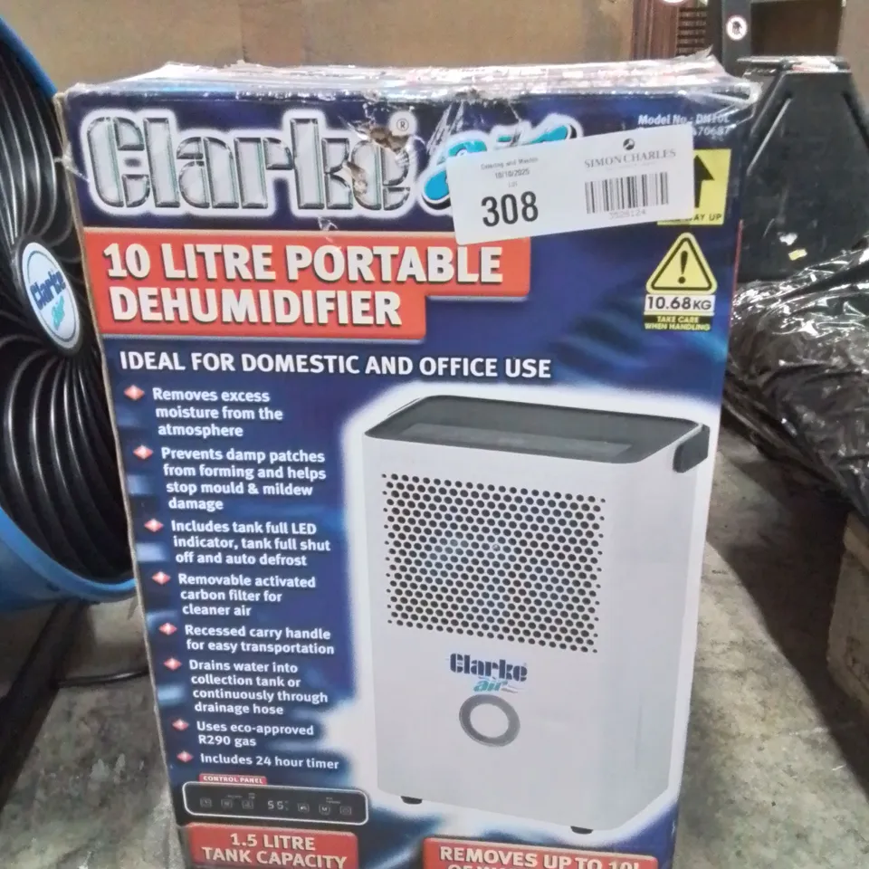 BOXED CLARKE 10 LITRE PORTABLE DEHUMIDIFIER 