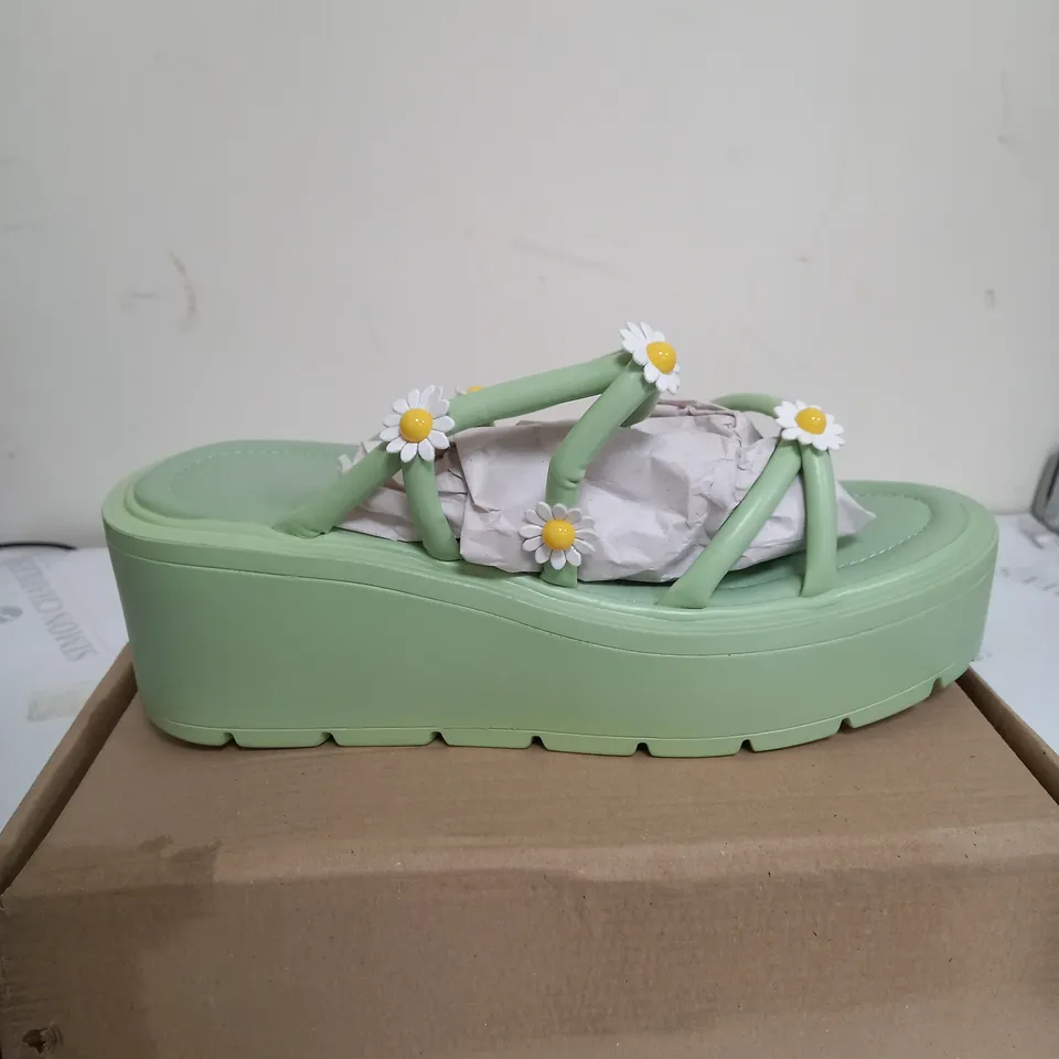 BOXED PAIR OF KOI FOOTWEAR BLOOMING DAY OASIS GREEN WEDGE SHOES - SIZE 8