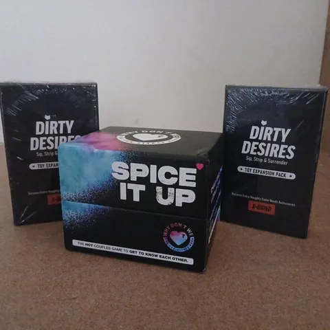 THREE ASSORTED ADULT GAMES TO INCLUDE; DIRTY DESIRES SPICE IT UP – ADULT PARTY GAME 