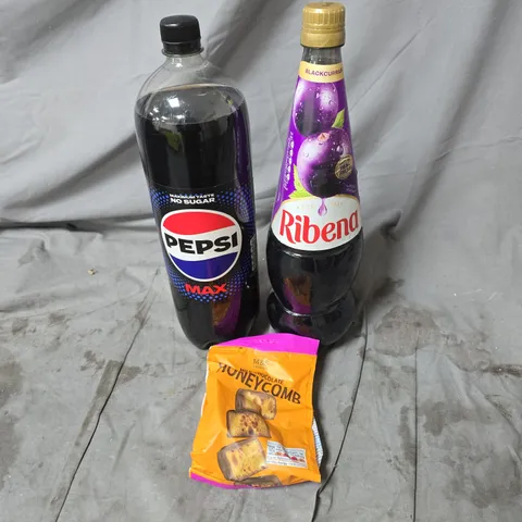TOTE OF APPROXIMATELY 5 ASSORTED FOOD AND DRINK ITEMS TO INCLUDE RIBENA 1.5L, PEPSI MAX 2L, M&S MILK CHOCOLATE HONEYCOMB ETC