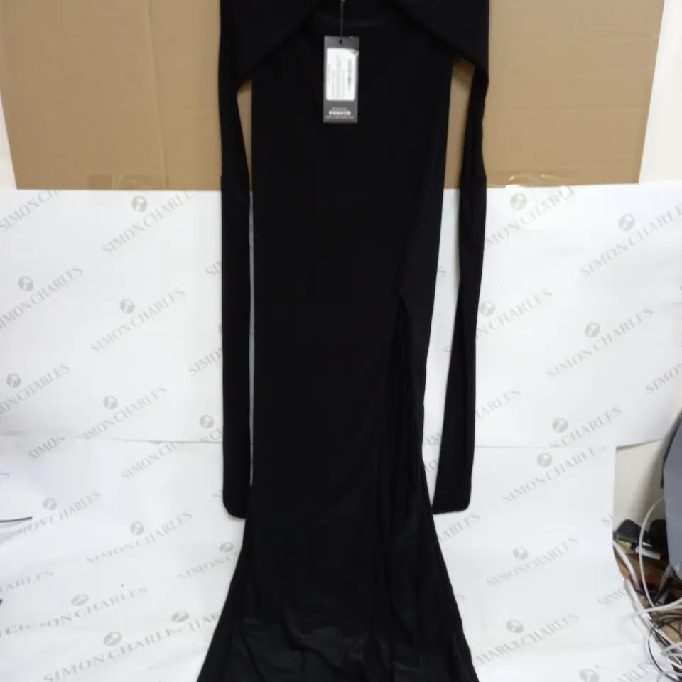 CLUB L LONDON BLACK BACKLESS V PLUNGE HALTER MAXI DRESS WITH SIDE SPLIT - UK 8