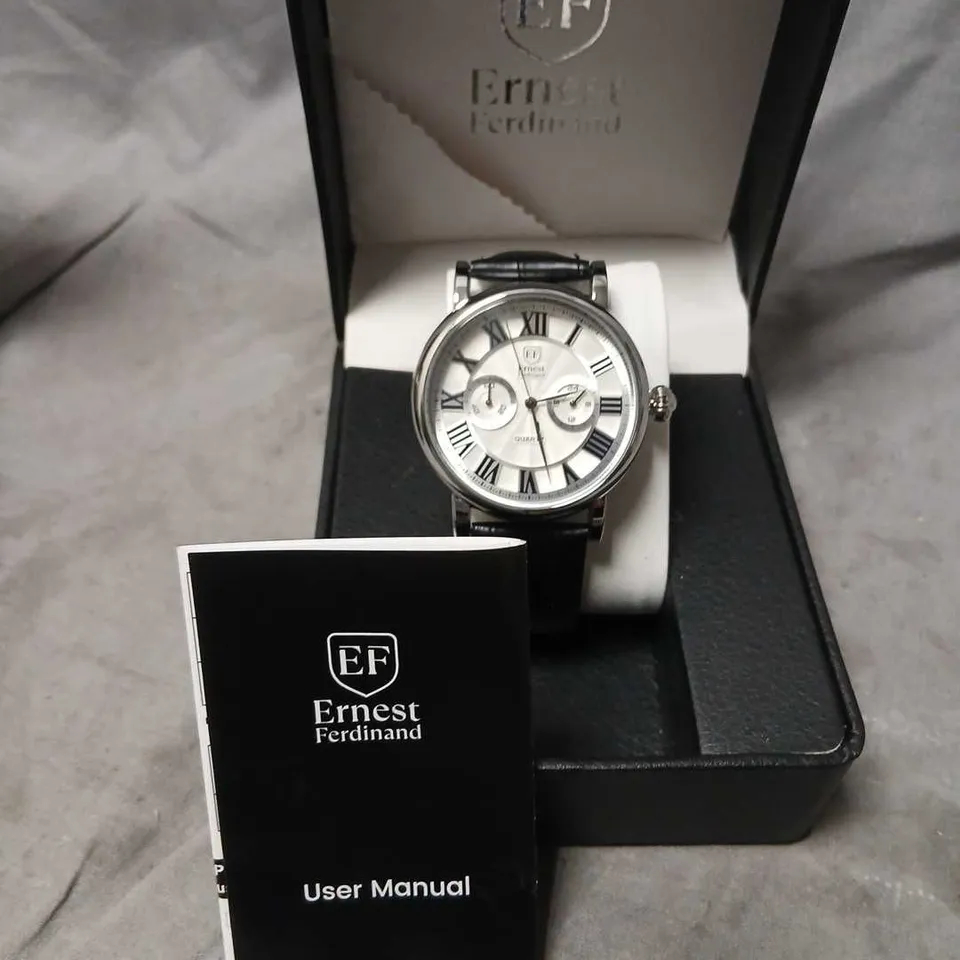 ERNEST FERDINAND QUARTZ WRISTWATCH – SILVER DIAL, ROMAN NUMERALS, TWO SUBDIALS, BLACK LEATHER STRAP