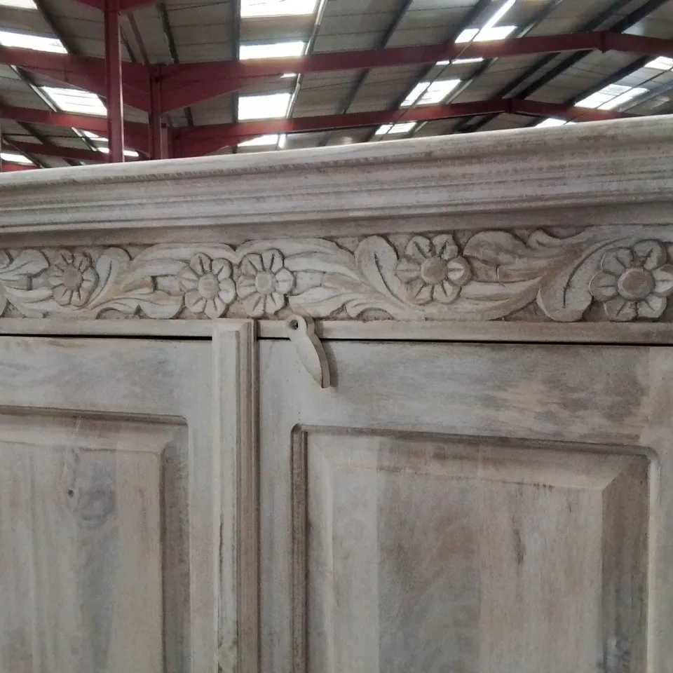 LARGE PRE-BUILT CARVED WOOD WHITE WASH TWO DOOR CABINET 