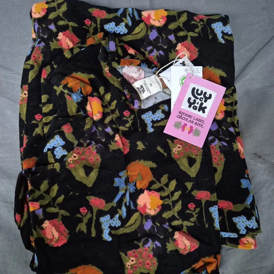 LUCY & YAK MAEVE DRESS IN BLACK W. MULTICOLOUR FLORAL DESIGN SIZE 14