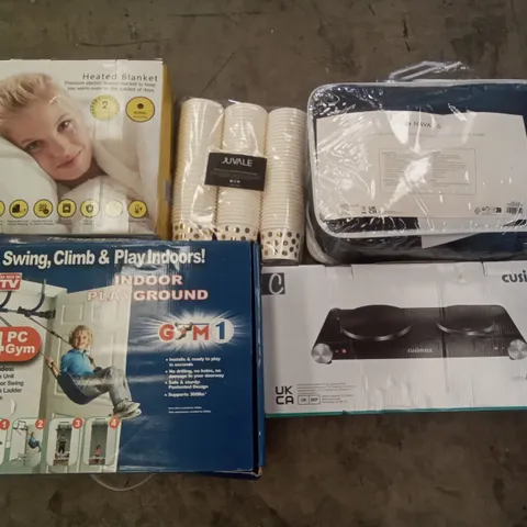 PALLET OF ASSORTED ITEMS INCLUDING HEATED BLANKET, CUSIMAX DOUBLE HOT PLATE, GYM1 INDOOR PLAYGROUND, JUVALE PAPER CUPS, NAVARIS ELECTRIC HEATING BLANKET, HOMIDEC DRYING RACK