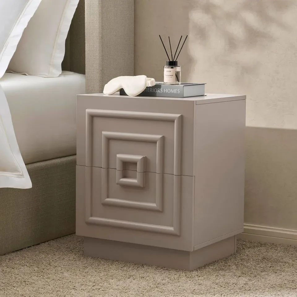 BOXED DUSK HARLOW 2 DRAWER BEDSIDE TABLE - TAUPE (1 BOX)