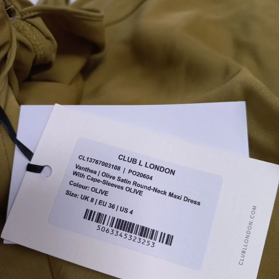CLUB LONDON VANTHEA OLIVE SATIN MAXI DRESS WITH CAPE SLEEVES – UK 8