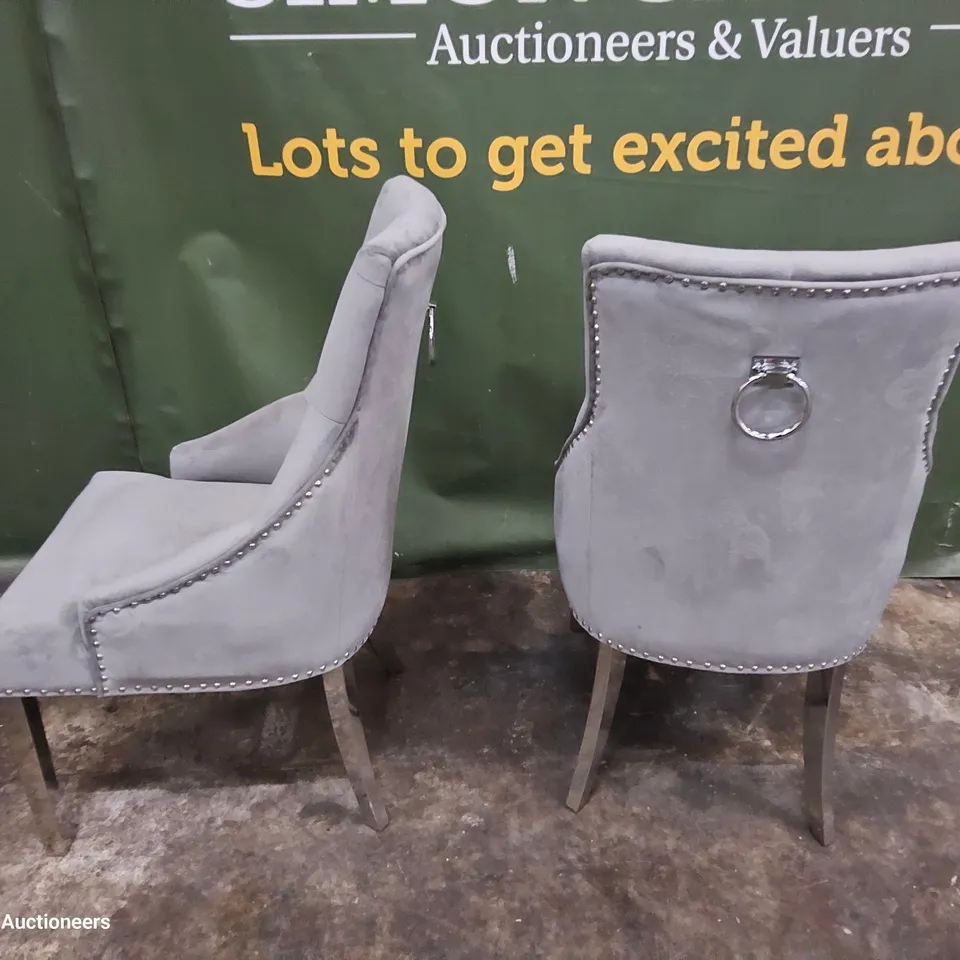 PAIR OF UPHOLSTERED GREY PLUSH FABRIC RING BACK DINING CHAIRS ON CHROME LEGS 