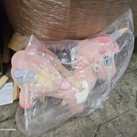 PALLET OF ASSORTED ITEMS TO INCLUDE, IOCHOW SHREDDER, BABY DOLL, PLUSH UNICORN ROCKING HORSE, OIL FILLED RADIATOR, ELECTRIC SPACE HEATER, PLAY TENT.