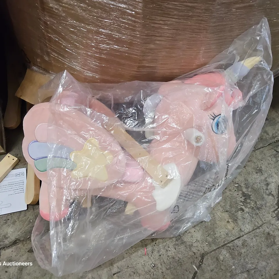 PALLET OF ASSORTED ITEMS TO INCLUDE, IOCHOW SHREDDER, BABY DOLL, PLUSH UNICORN ROCKING HORSE, OIL FILLED RADIATOR, ELECTRIC SPACE HEATER, PLAY TENT.