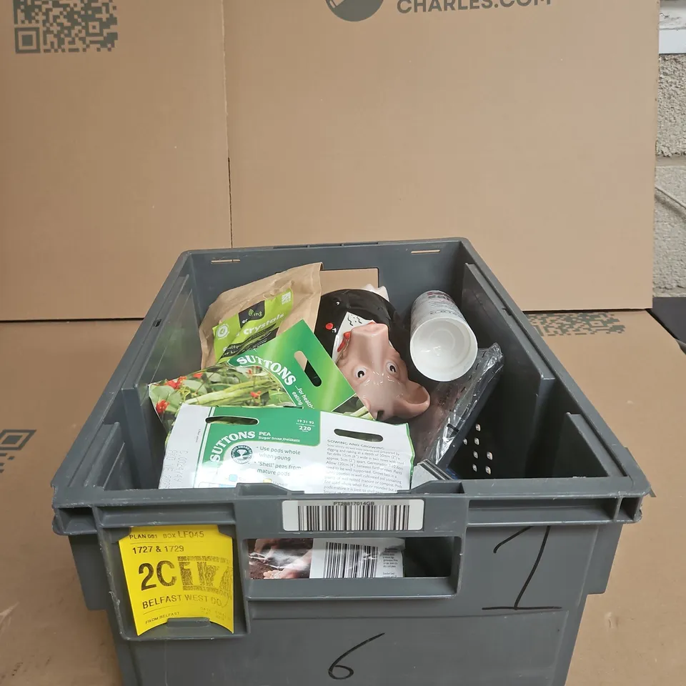 TOTE OF APPROXIMATELY 15 ASSORTED ITEMS TO INCLUDE PIGGY BANK, SODA CRYSTALS, CLAD GRIP, SUTTONS SEEDS ETC