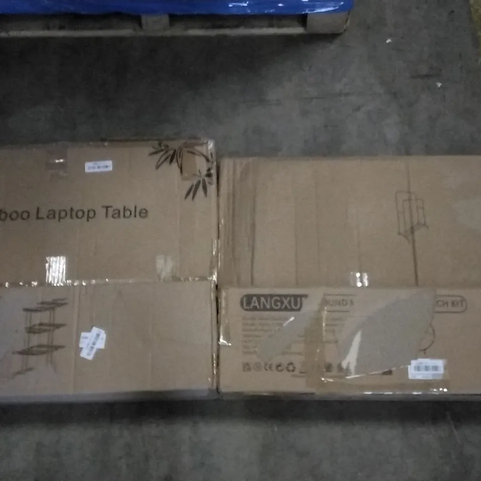 PALLET OF ASSORTED ITEMS INCLUDING BAMBOO LAPTOP TABLE, HOMIDEC DRYING RACK, CLOTHES RACK, LANGXUN ROUND METAL BALLOON ARCH KIT, WELLMET, CONCISE HOME ELECTRIC CLOTHES DRYER