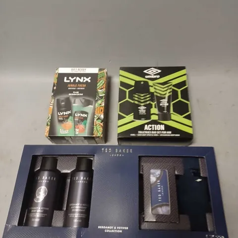 LOT OF 3 ASSORTED COSMETIC BOXSETS TO INCLUDE - TED BAKER BERGAMONT & VETIVER COLLECTION - UMBRO ACTION TOILETRY DUO - LYNX JUNGLE FRESH BODY COLLECTION