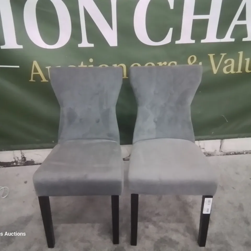 PAIR KENSINGTON GREY VELVET BUTTONED BACK DINING CHAIRS BLACK LEGS