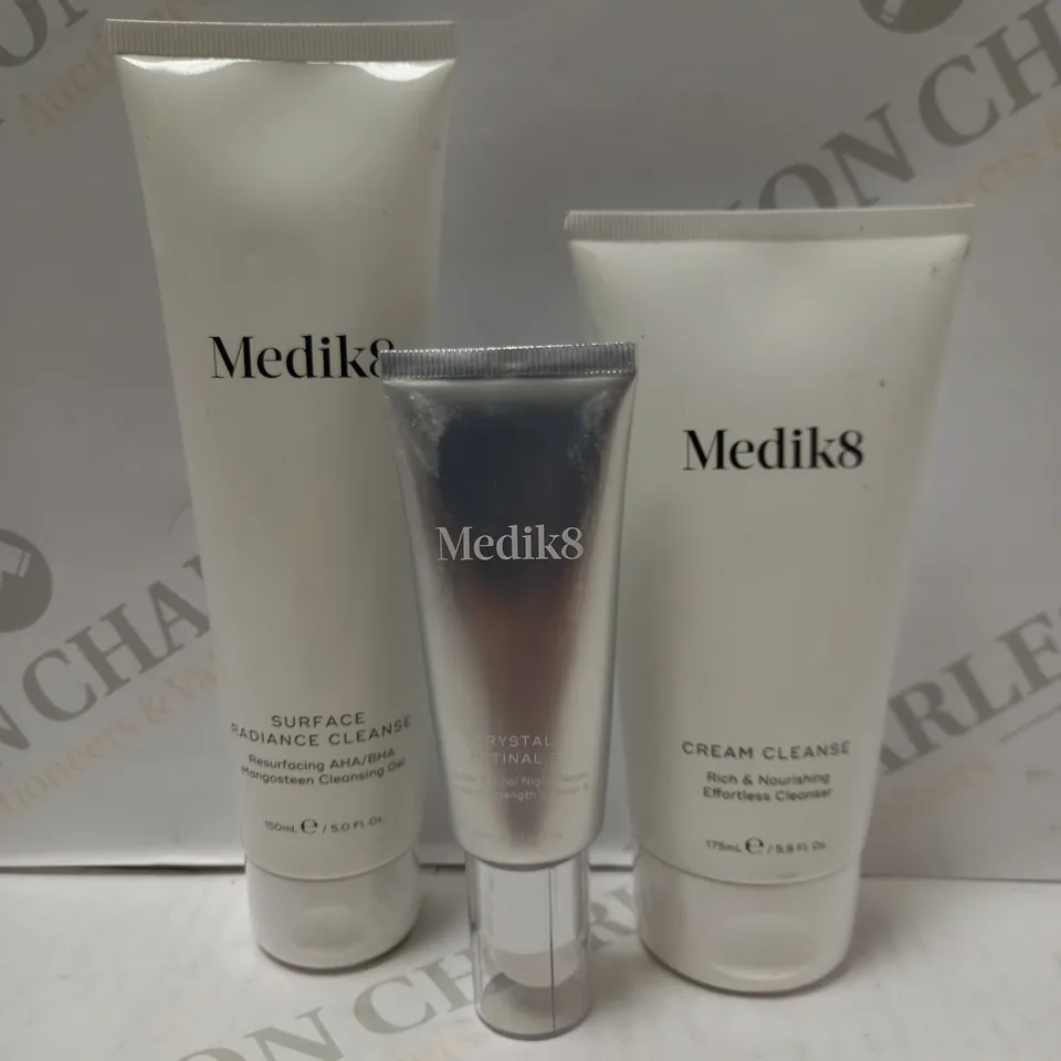 LOT OF 3 MEDIK8 PRODUCTS TO INCLUDE SURFACE RADIANCE CLEANSER 150ML, CRYSTAL RETINOL3 SERUM 30ML, CREAM CLEANSE 175ML