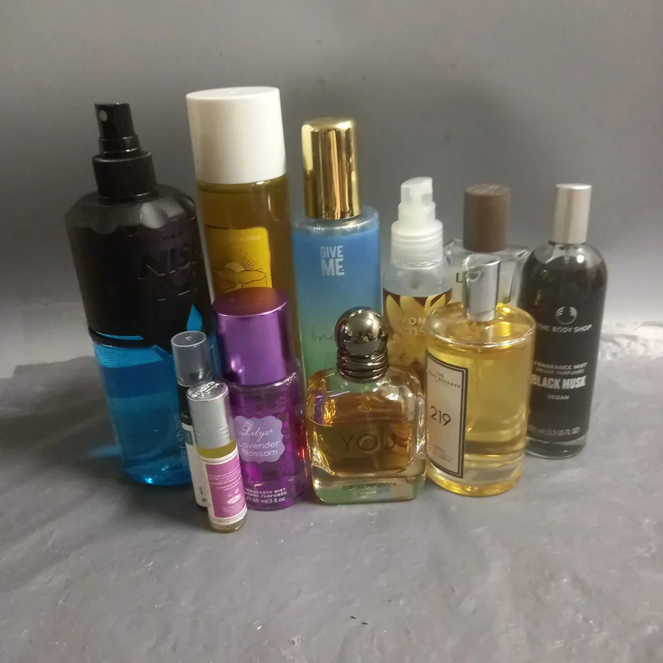 BOX OF APPROX 10 ASSORTED FRAGRANCES TO INCLUDE - EMPORIO ARMANI STRONGER WITH YOU - LILYS FRAGRANCE MIST - NISH MAN AFTER SHAVE COLOGNE - ETC