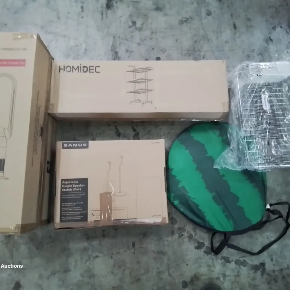 PALLET OF ASSORTED ITEMS INCLUDING BLADELESS PURIFIER, HOMIDEC CLOTHES DRYER, ADJUSTABLE HEIGHT SPEAKER STANDS, DISH RACK, POP UP TENT