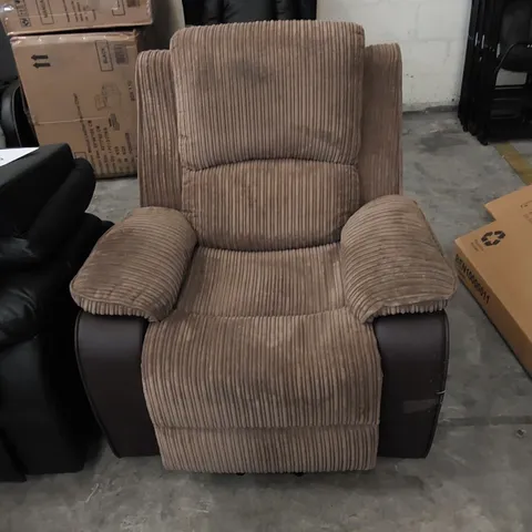 DESIGNER FABRIC AND LEATHER RECLINING EASY CHAIR