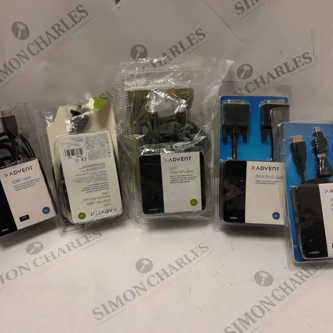 APPROXIMATELY 5 BOXED ADVENT PRODUCTS TO INCLUDE HDMI CABLE, DVI TO DVI-D CABLE, CAT6 ETHERNET CABLE, ETC