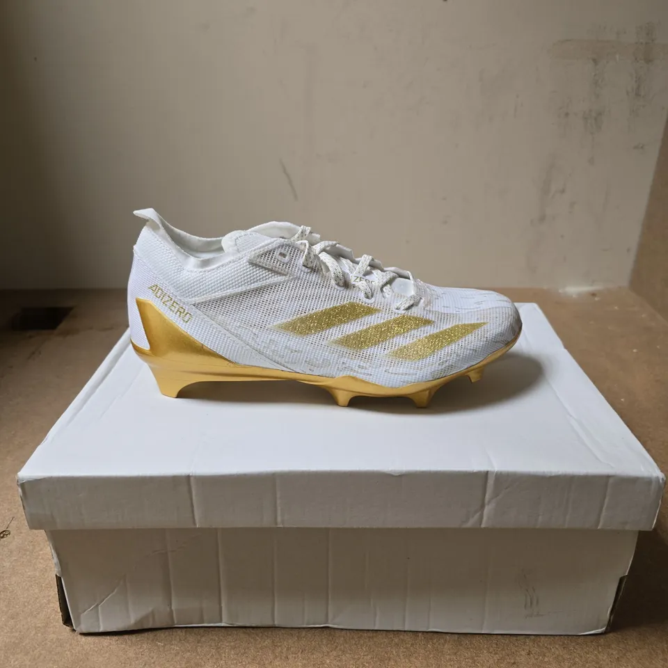 ADIDAS ADIZERO ELECTRIC AMERICAN FOOTBALL BOOTS – WHITE WITH GOLD ACCENTS, UK 5.5