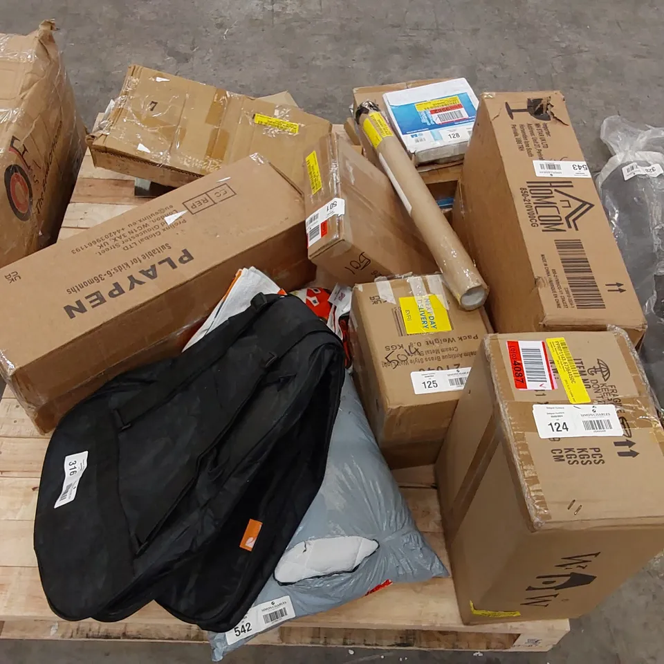 PALLET OF ASSORTED CONSUMER PRODUCTS TO INCLUDE; FOUNTAIN FLUSH MOUNT SHADE, CHILDREN'S PLAYPEN, PLANT STAND, WALL LIGHT, DOOR KNOB ECT.