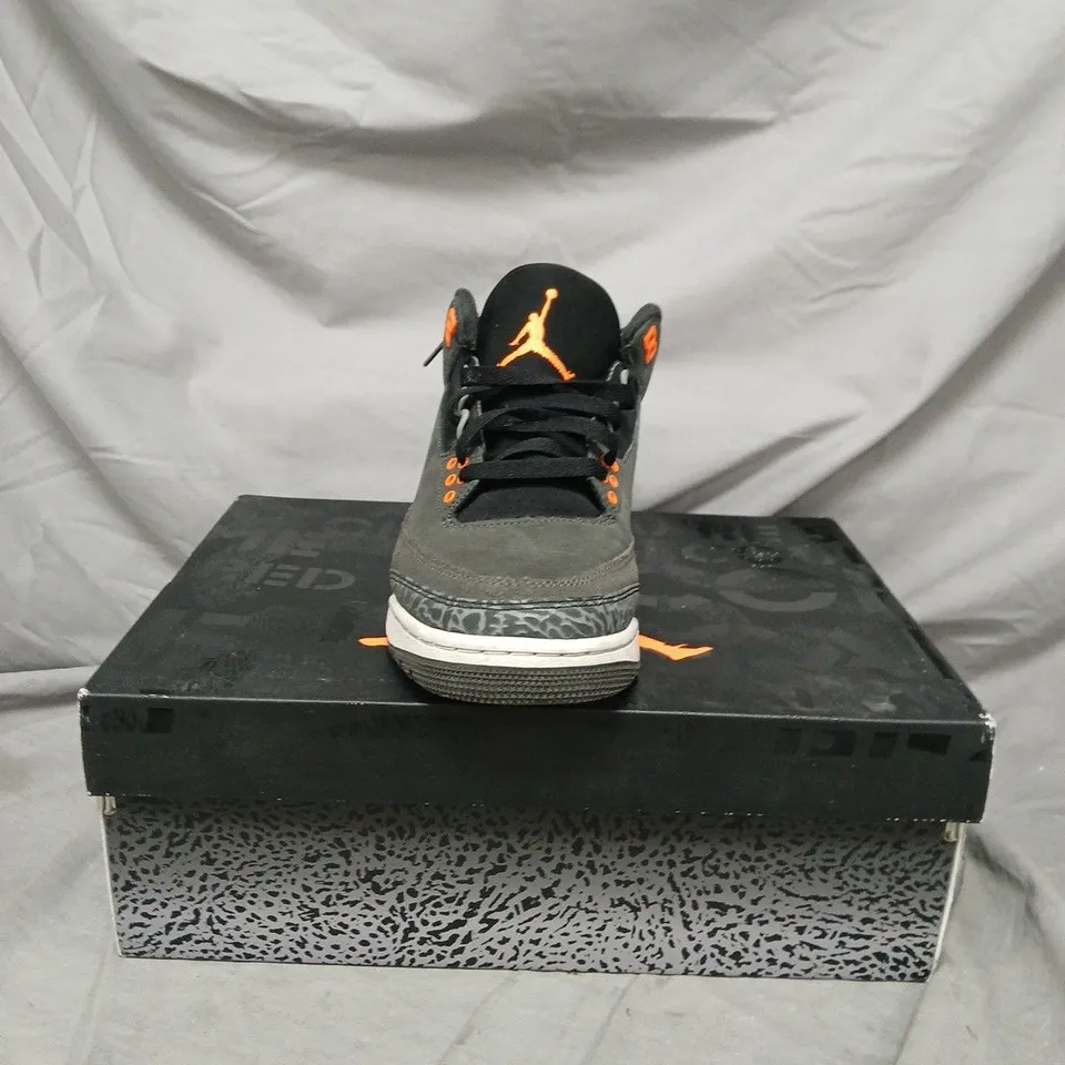 AIR JORDAN 3 RETRO SNEAKERS – GREY/BLACK WITH ORANGE ACCENTS - SIZE 7