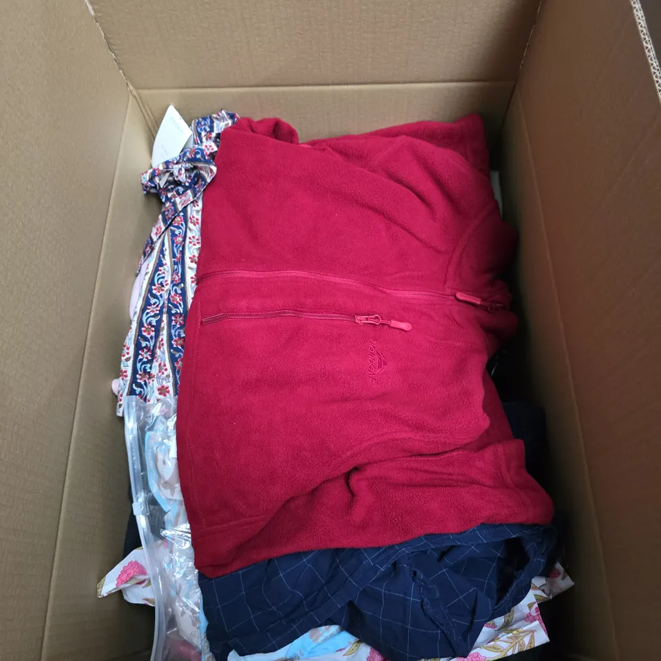 BOX OF APPROXIMATELY 25 ASSORTED CLOTHING ITEMS INCLUDING NORDCAP RED FLEECE, NEXT BOXER SHORTS XL, ALMIRAH PINK FLOWER PATTERN DRESS KIDS AND ANOKHI KOKI GREEK PATTERN KIDS DRESS