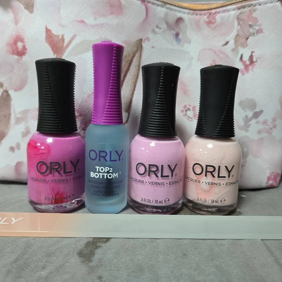 ORLY NAIL POLISH SET WITH FLORAL POUCH – 3 X LACQUER + TOP2BOTTOM + NAIL FILE