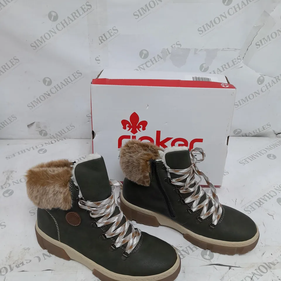 BOXED RIEKER LACE UP CHUNKY BOOTS OLIVE SIZE 8