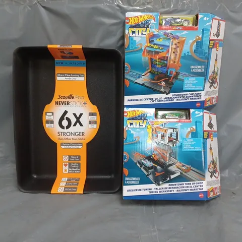 BOX OF APPROXIMATELY 20 ASSORTED HOUSEHOLD ITEMS TO INCLUDE HOT WHEELS TOY SETS, AND SCOVILLE PRO ROASTING RAYS - COLLECTION ONLY