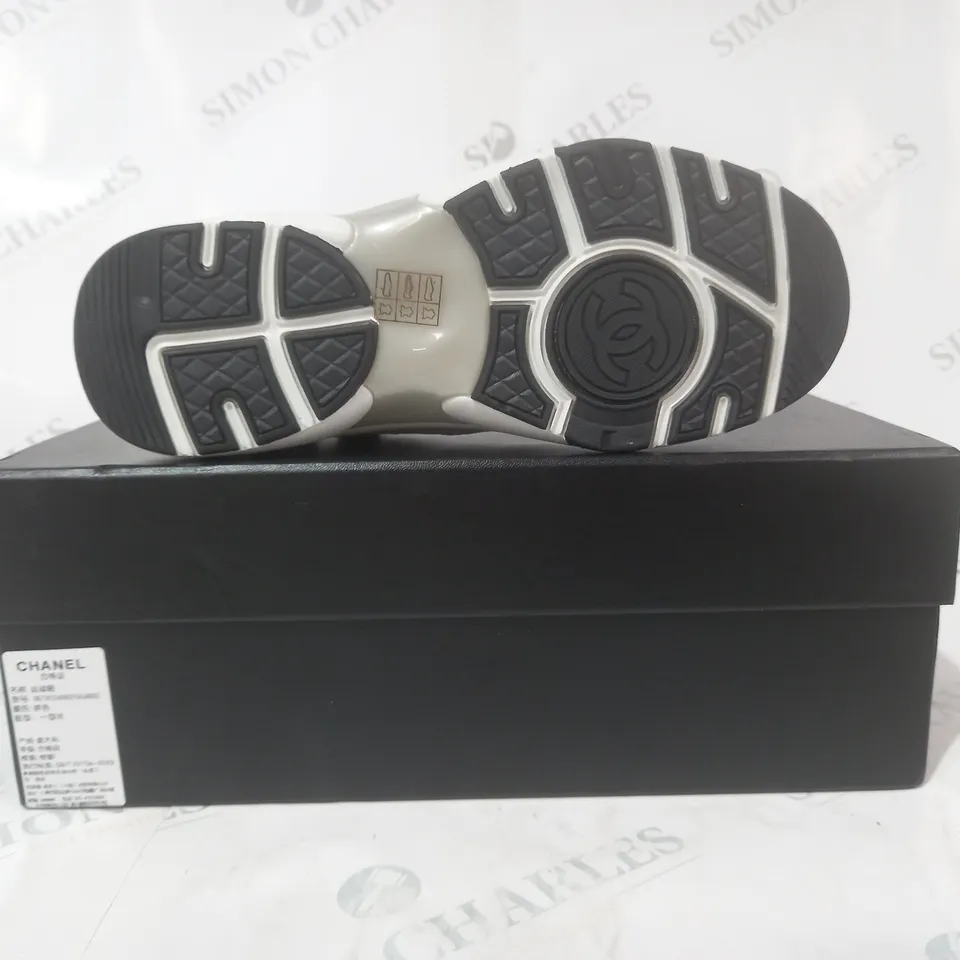 BOXED PAIR OF CHANEL SNEAKERS IN GREY/WHITE EU SIZE 38