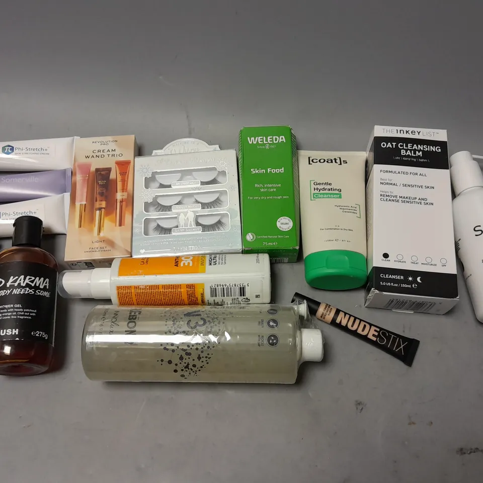 BOX OF APPROXIMATELY 15 COSMETIC ITEMS TO INCLUDE WELEDA SKIN FOOD, OAT CLEANSING BALM, AND SUPER SILK LUBRICANT ETC. 