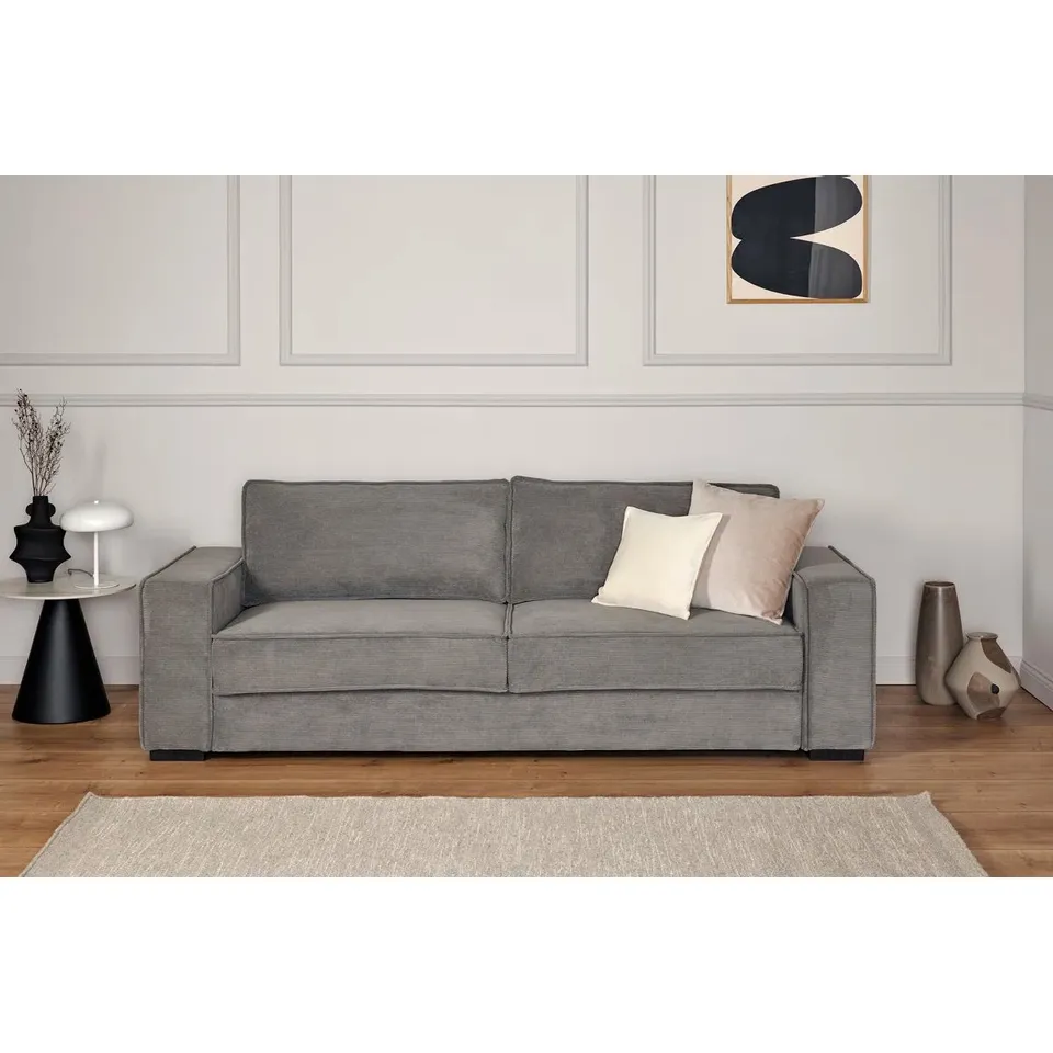 BOXED BRAYDEN STUDIO CHAREE 3 SEATER CORDUROY FABRIC SOFA - GREY (1 BOX)
