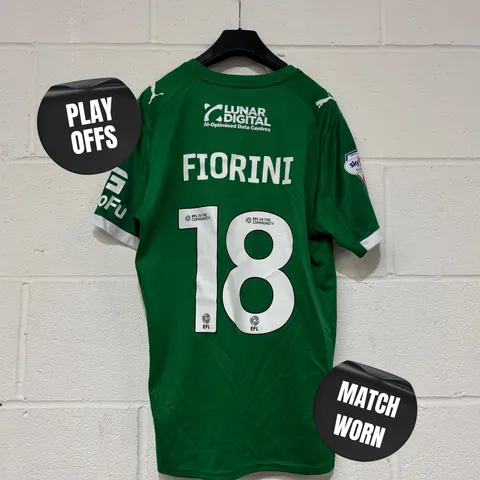 STOCKPORT COUNTY F.C PLAY OFFS MATCH WORN THIRD KIT IN GREEN - UK M / LEWIS FIORINI #18