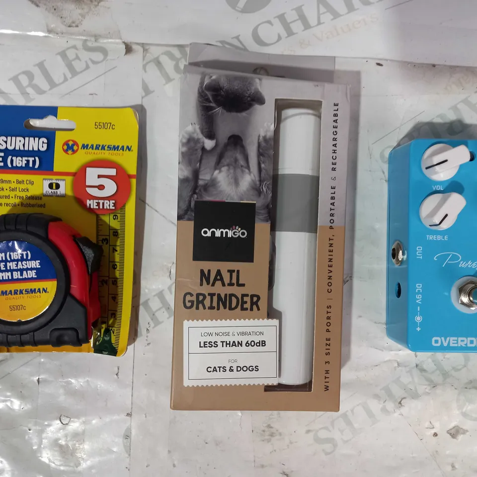LOT OF APPROXIMATELY 10 ASSORTED HOUSEHOLD ITEMS TO INCLUDE CALINE PURE SKY OVERDRIVE CP-12 EFFECTS PEDAL, ANIMIGO NAIL GRINDER, MARKSMAN 5M MEASURING TAPE, ETC