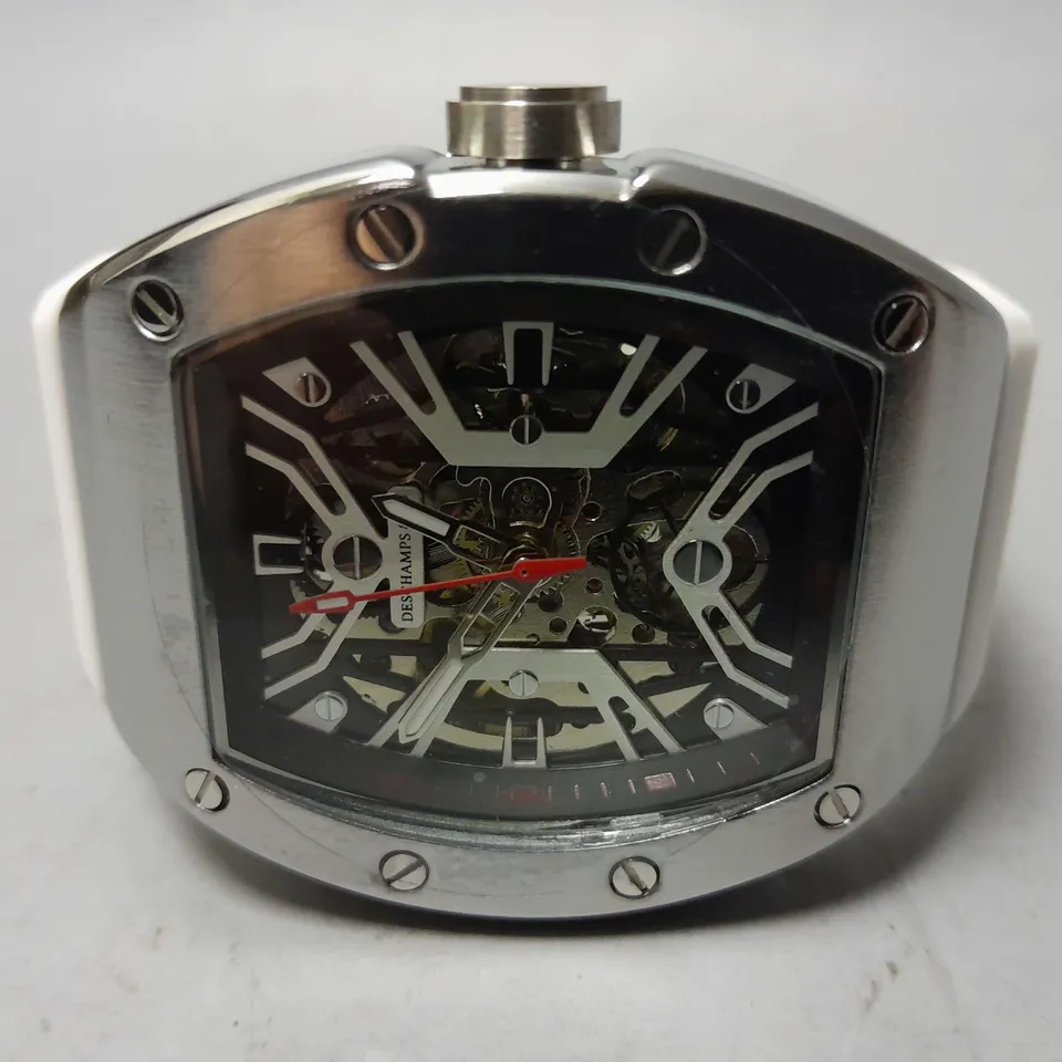 MENS AUTOMATIC DESCHAMPS & CO WATCH – SKELETON DIAL – GLASS EXHIBITION BACK CASE – RUBBER STRAP