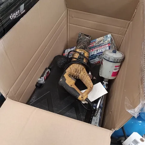 BOX OF ASSORTED TOOLS/DIY PRODUCTS, TO INCLUDE IMPACT WRENCH, RECIPROCATING SAW, WOODWORKING MORTISING ATTACHMENT ETC.