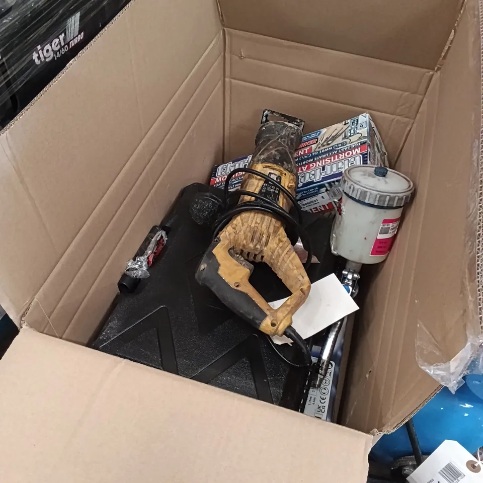 BOX OF ASSORTED TOOLS/DIY PRODUCTS, TO INCLUDE IMPACT WRENCH, RECIPROCATING SAW, WOODWORKING MORTISING ATTACHMENT ETC.